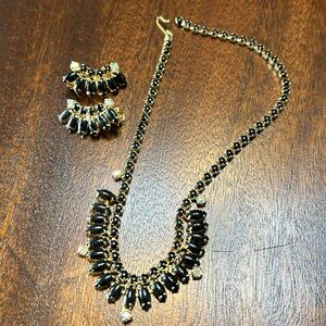 SALE!! Vintage black & iridescent crystals, gold tone necklace & earrings set.